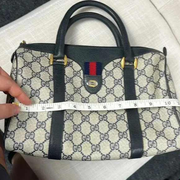 Vintage Gucci Boston Hand Bag Satchel Purse Monogram Navy Canvas Leather - Picture 15 of 16